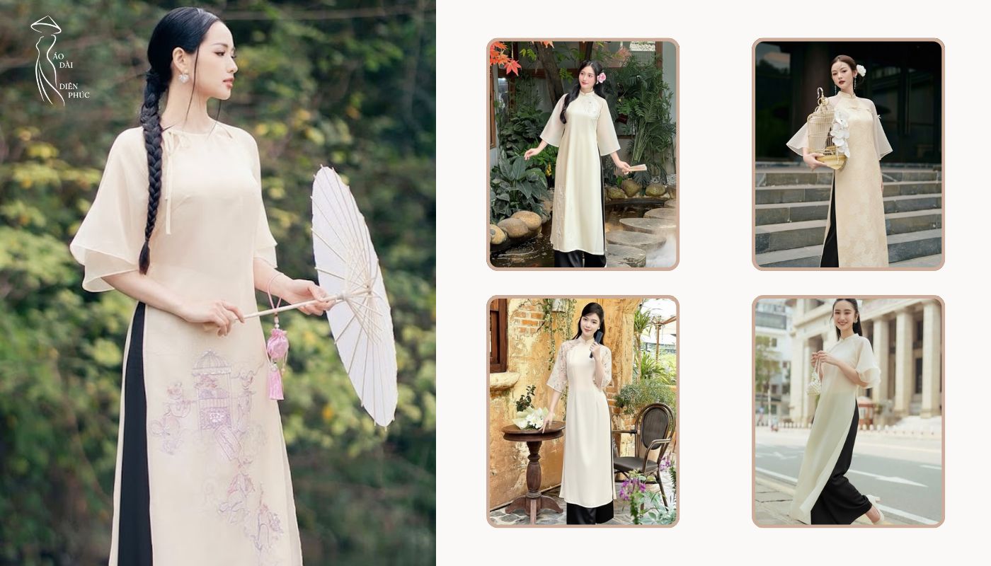 Áo dài kem và quần đen - Phong cách hiện đại