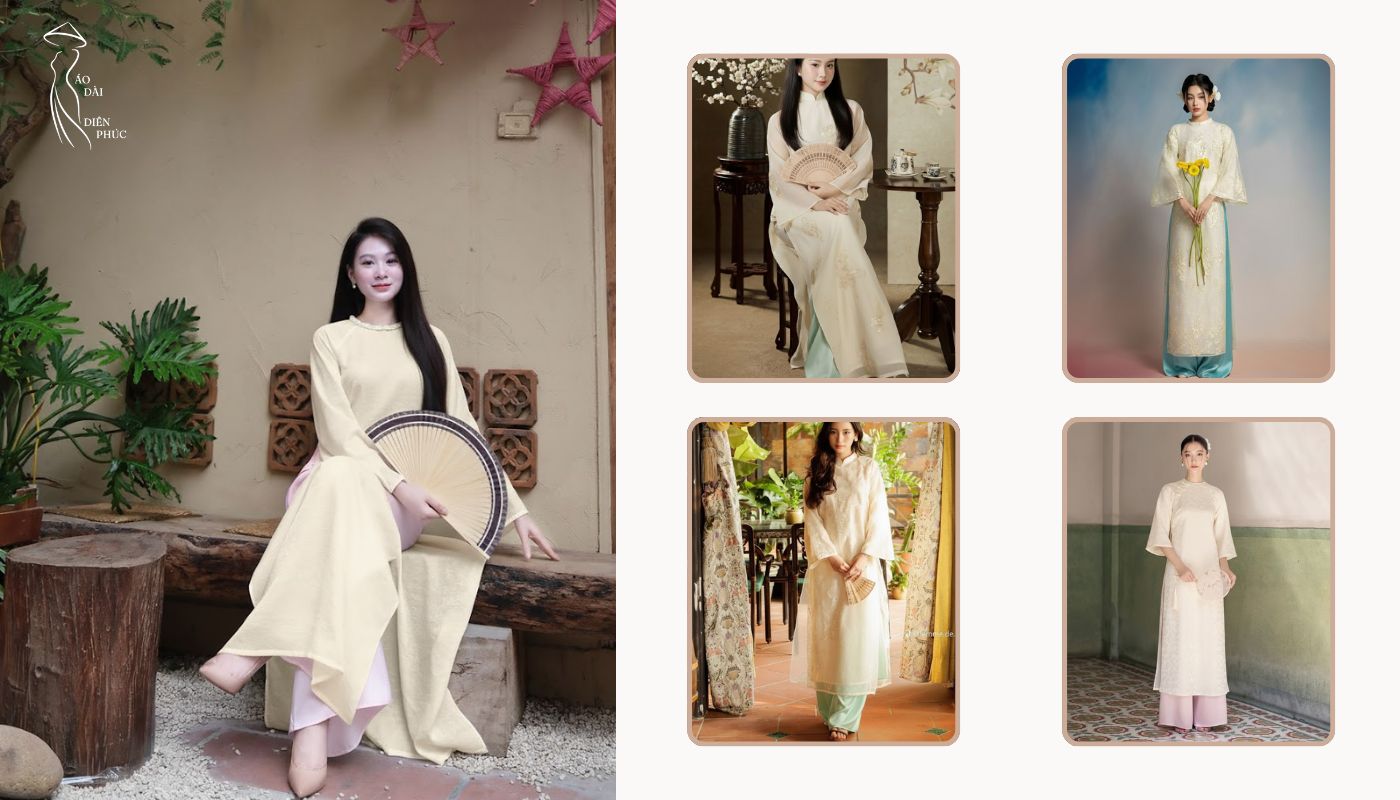 Áo dài kem và quần màu pastel