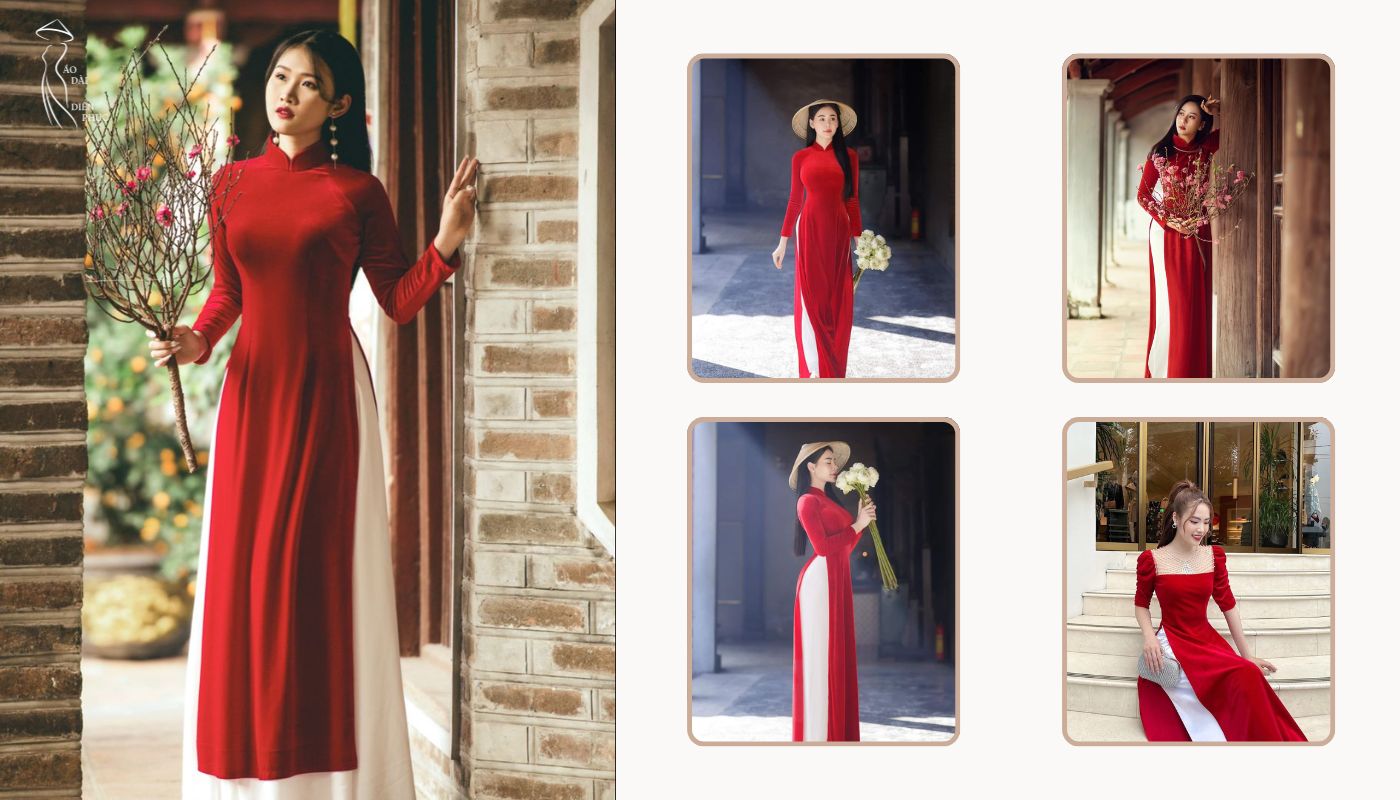 Áo dài nhung đỏ với quần trắng là sự lựa chọn kinh điển